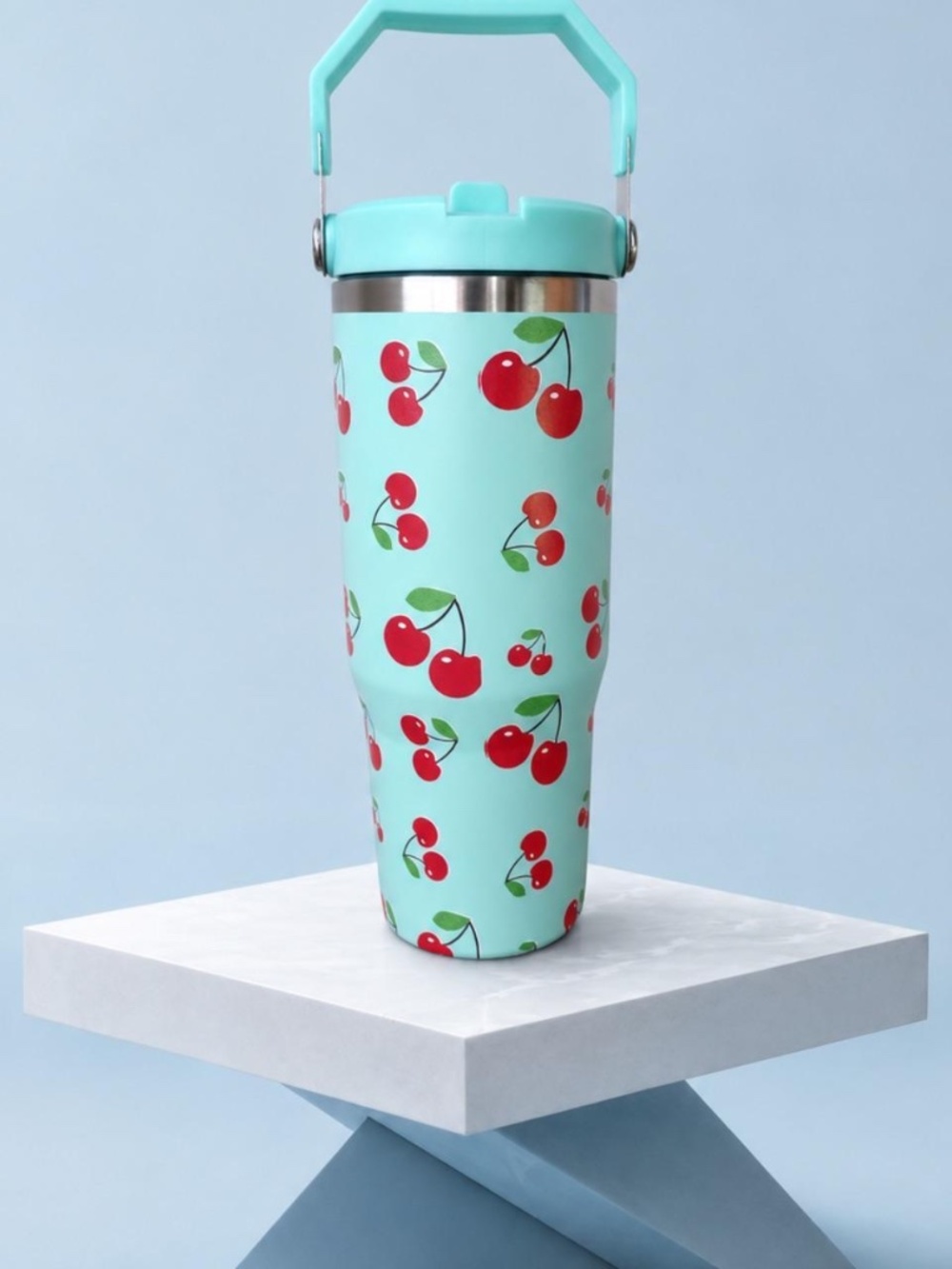 30oz Insulated Tumbler | Mint Blue with Cherry Print